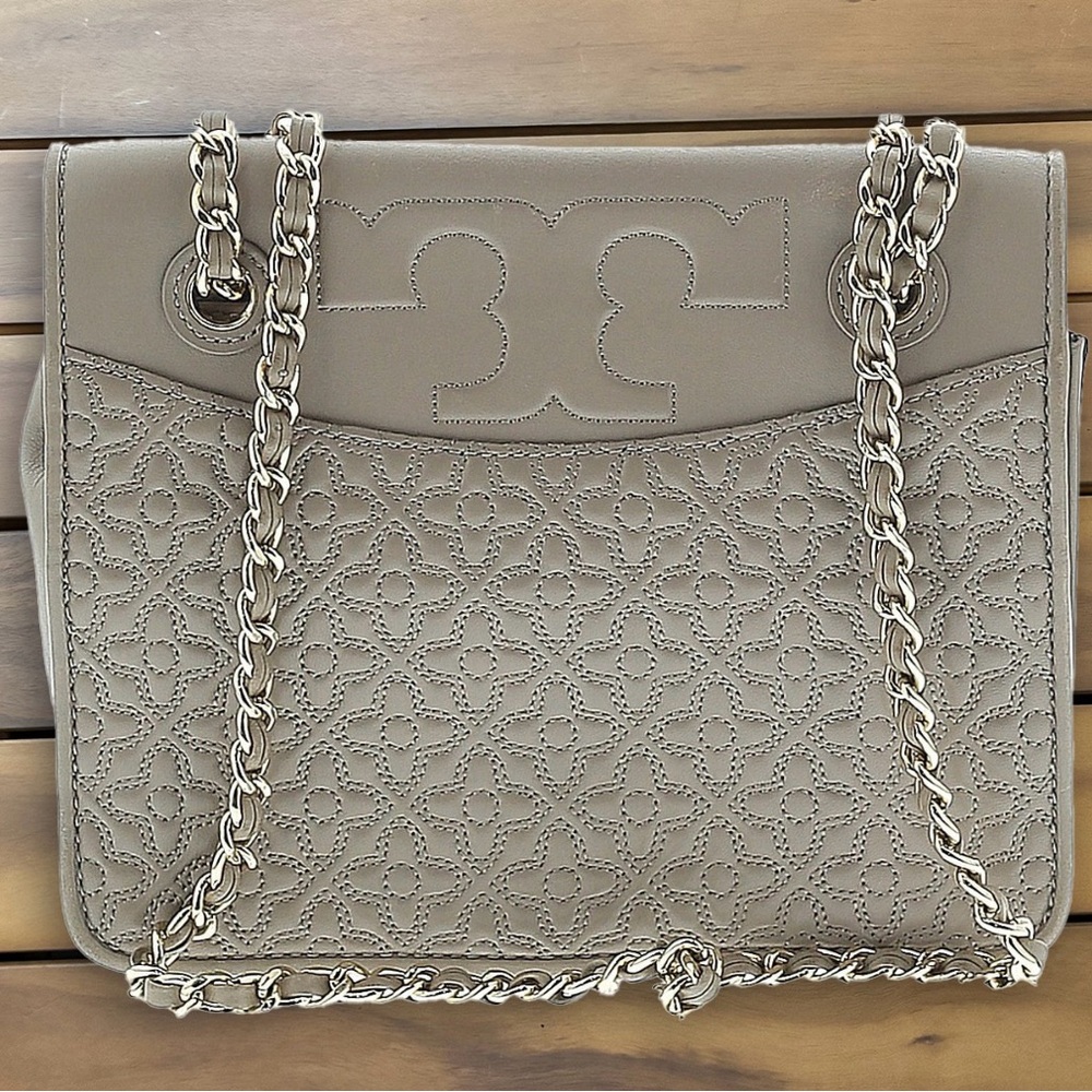 Tory Burch Taupe Quilted Leather Shoulder Bag with Chain Strap